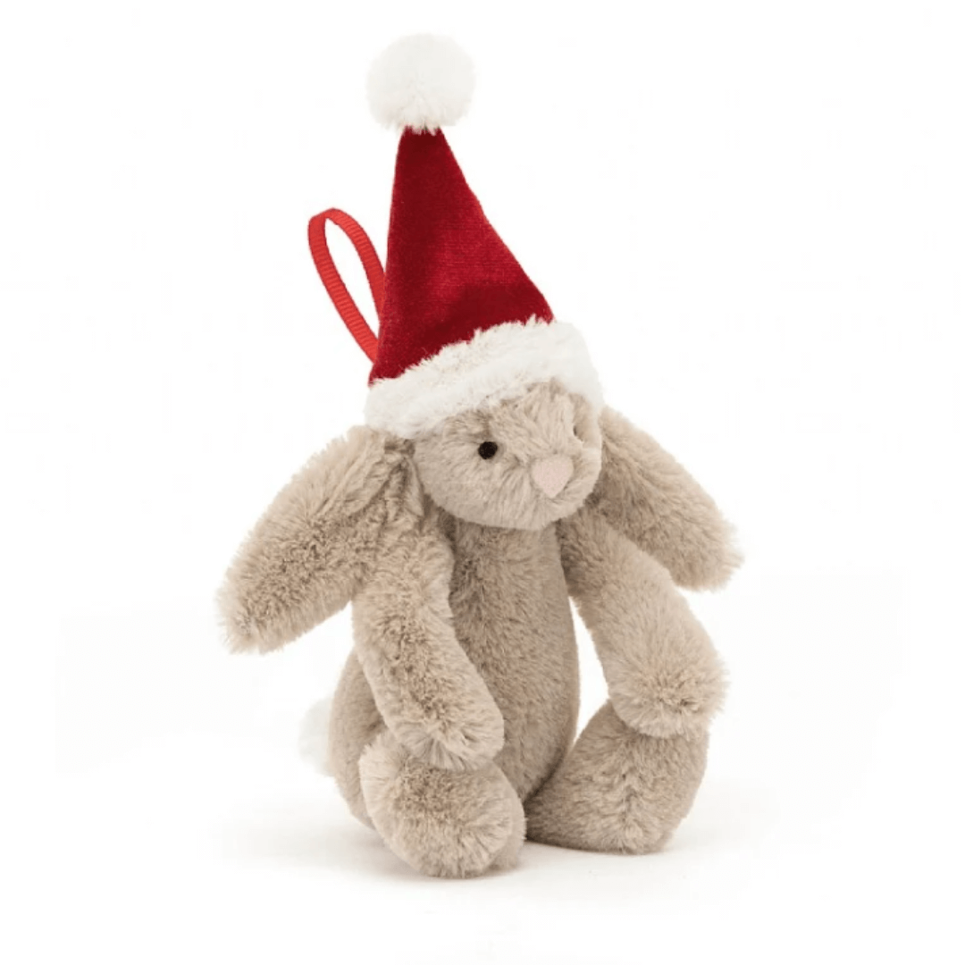 Pliušinis zuikutis su kalėdine kepure, pridėta virvutė žaisliuko pakabinimui